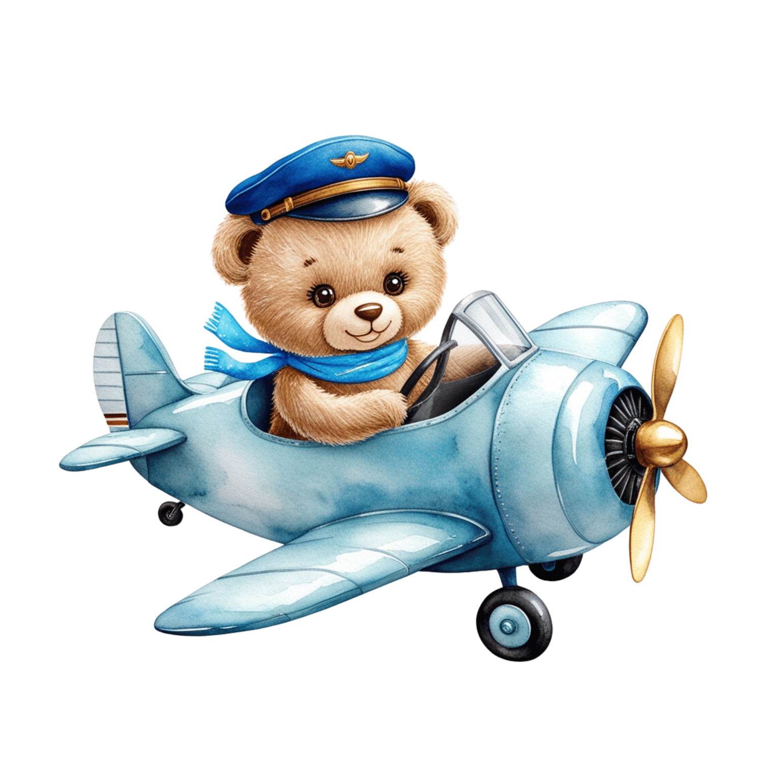 Pilot Bear in Blue Airplane - Adorable Watercolor Clipart for Kids' Projects