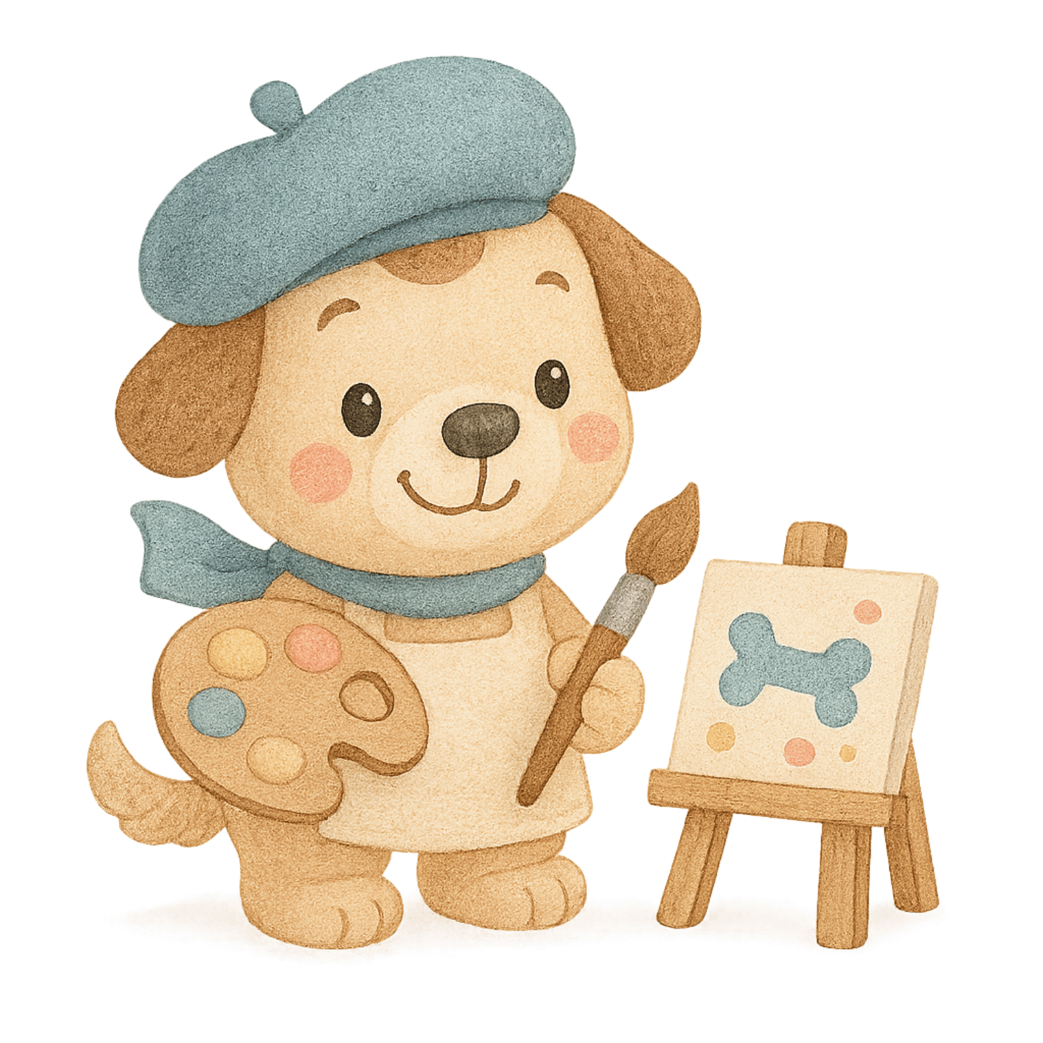 Free Cute Puppy Artist Clipart with Palette & Easel (PNG, 300 DPI)