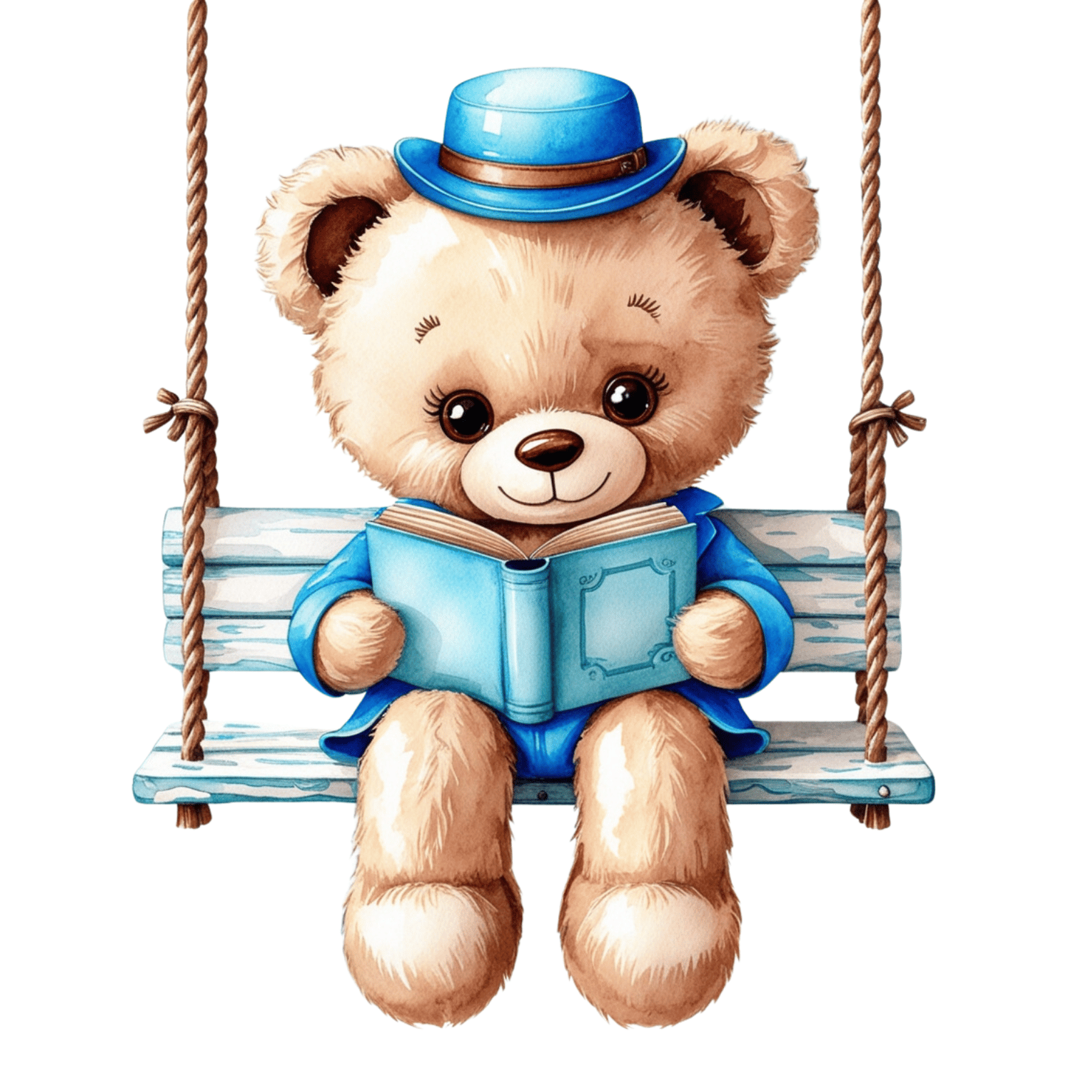 Bear Reading on a Swing – Watercolor Clipart (PNG, 300 DPI)