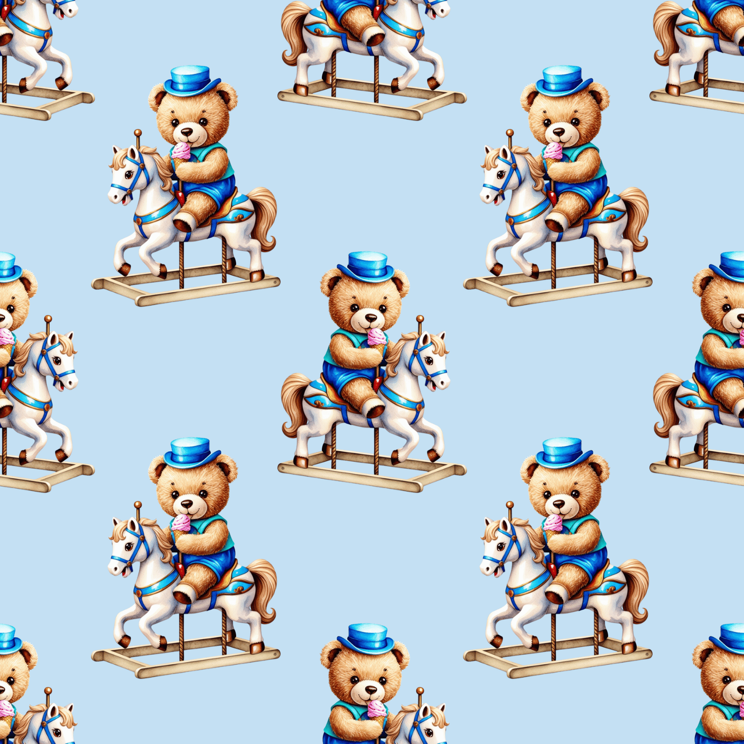 Free Bear on Rocking Horse Seamless Pattern (JPG/PNG, 300 DPI) | Free Download