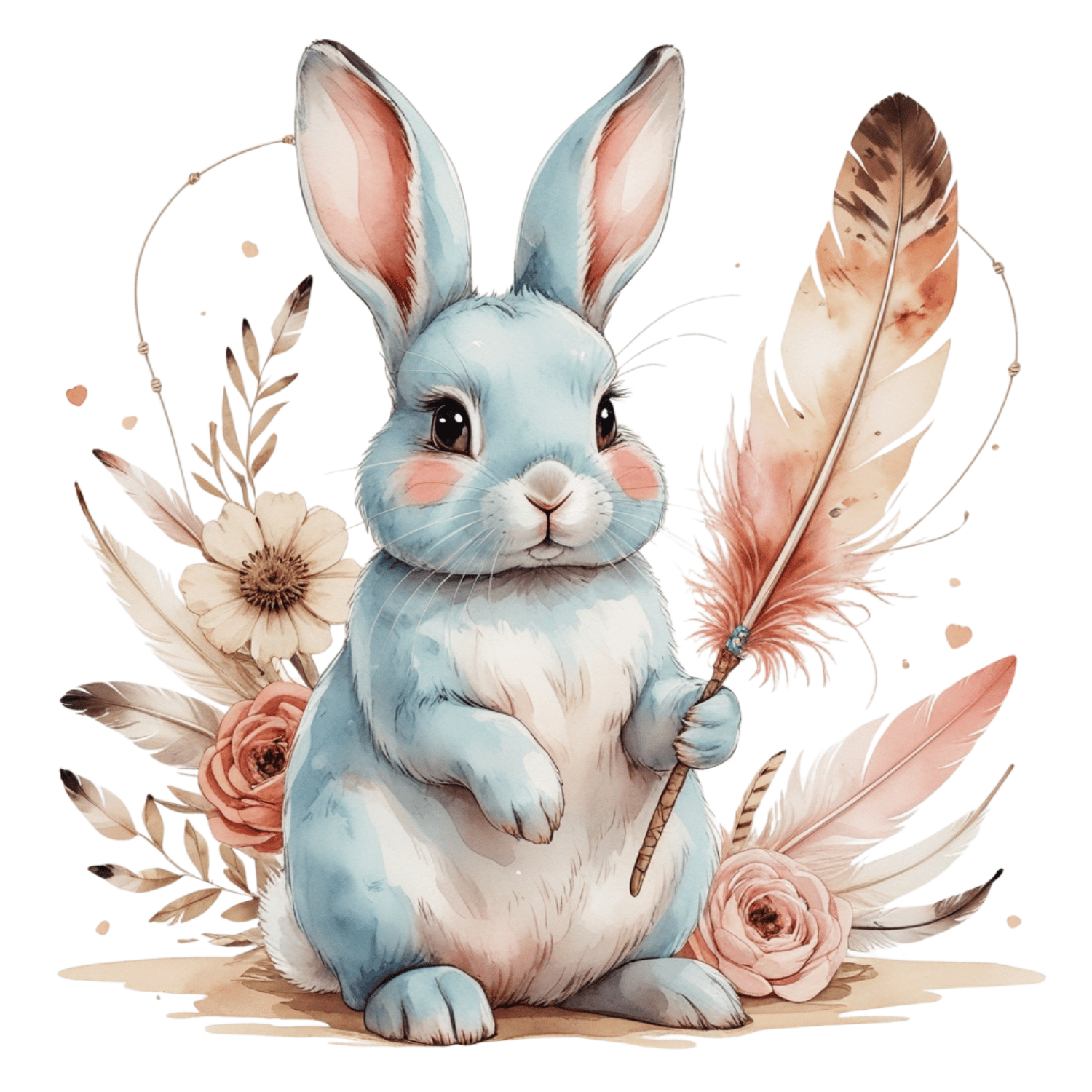 Free Boho Blue Bunny with Feather Clipart (PNG, 300 DPI)