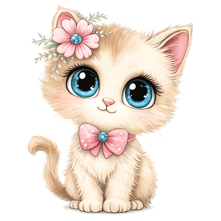 Free Cute Cream Kitten Clipart with Pink Bow