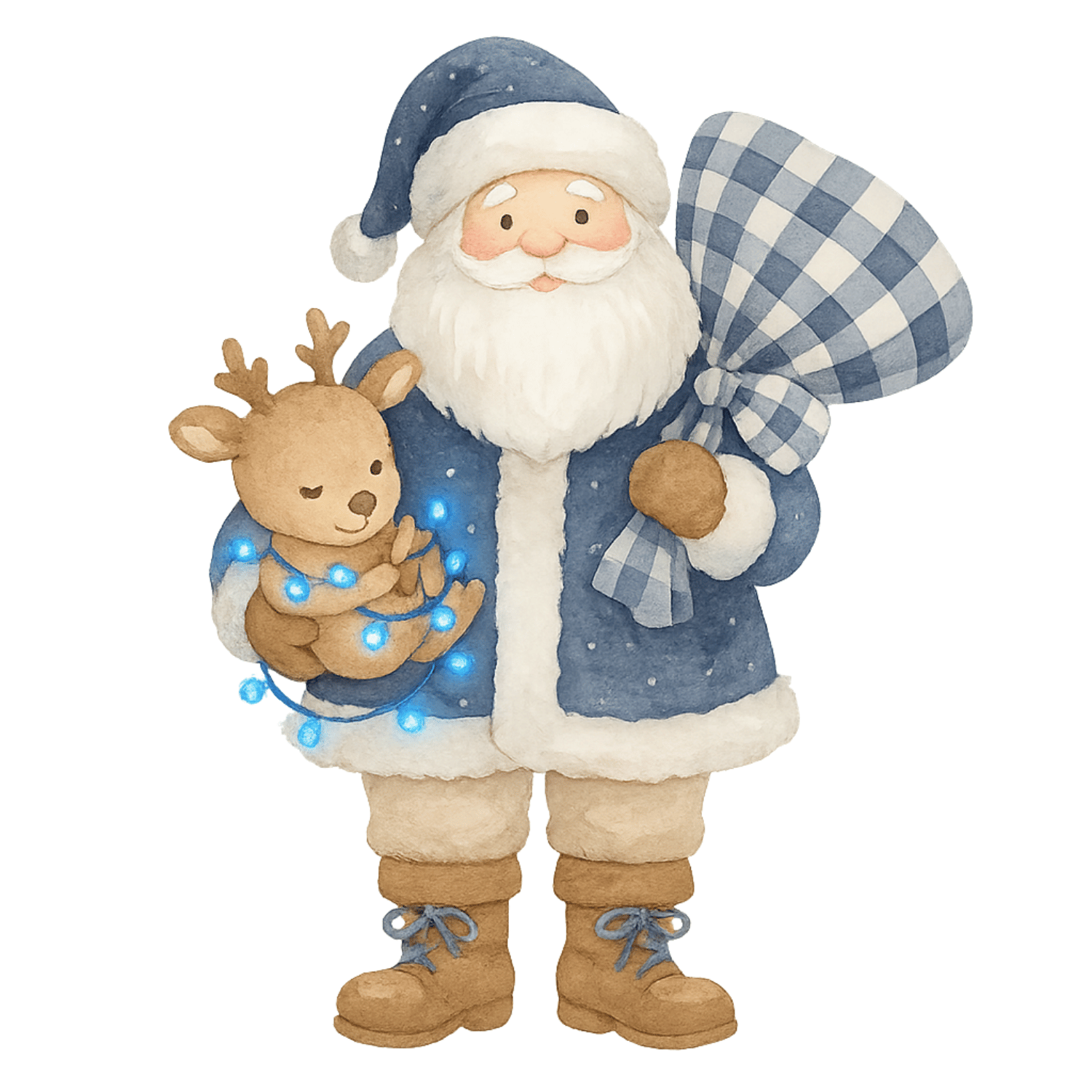 Cozy Blue Santa & Reindeer Christmas Clipart (PNG, 300 DPI)