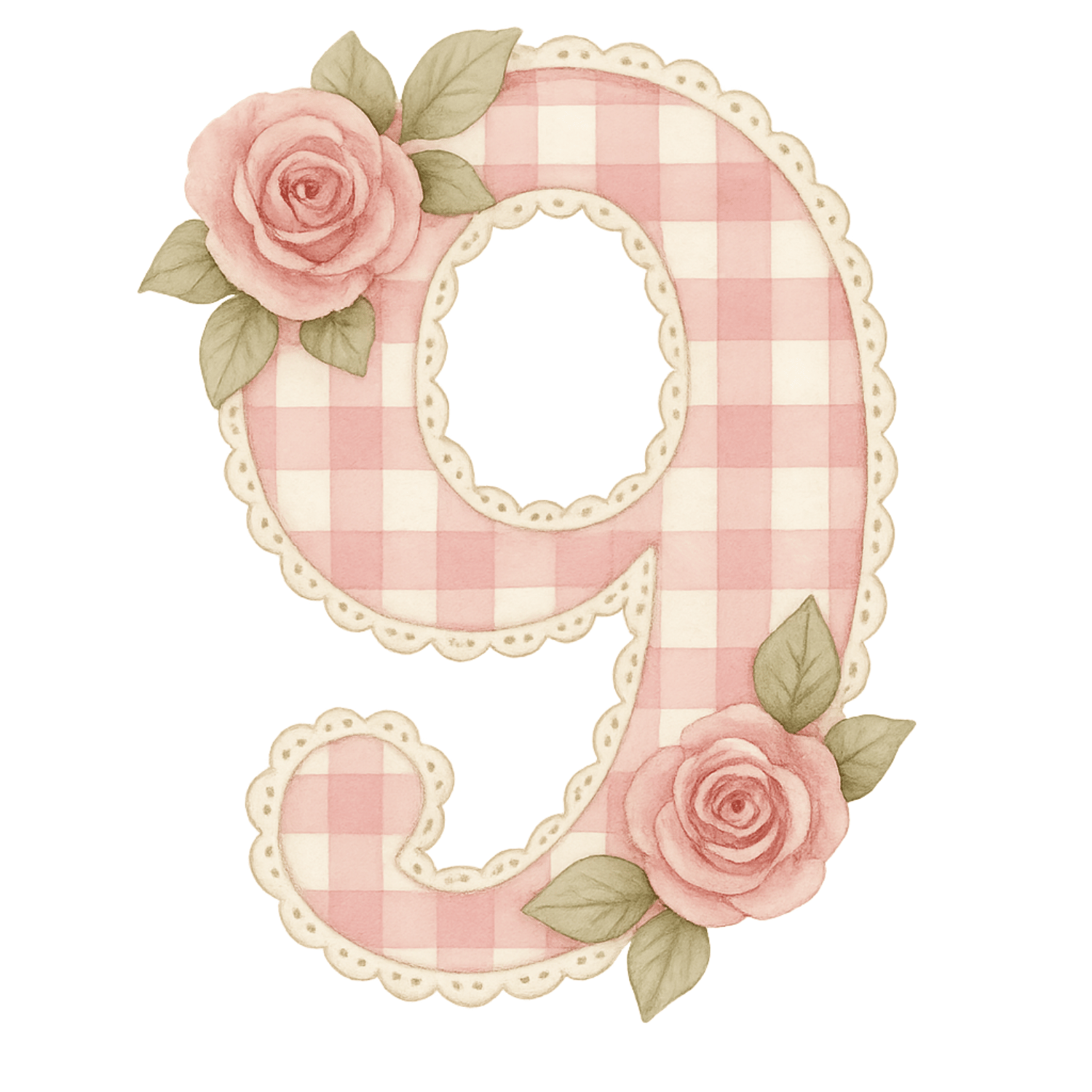 Free Pink Gingham Number 9 Clipart with Roses (PNG, 300 DPI)