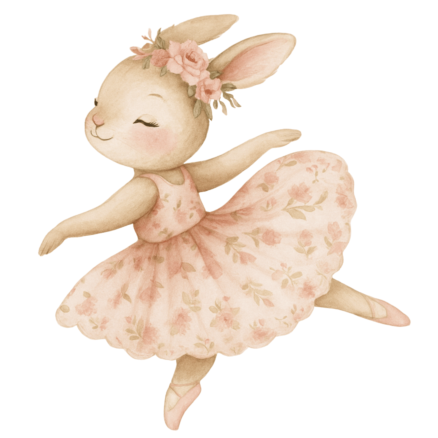 Free Ballerina Bunny Watercolor Clipart in Pink Floral Dress (PNG, 300 DPI)