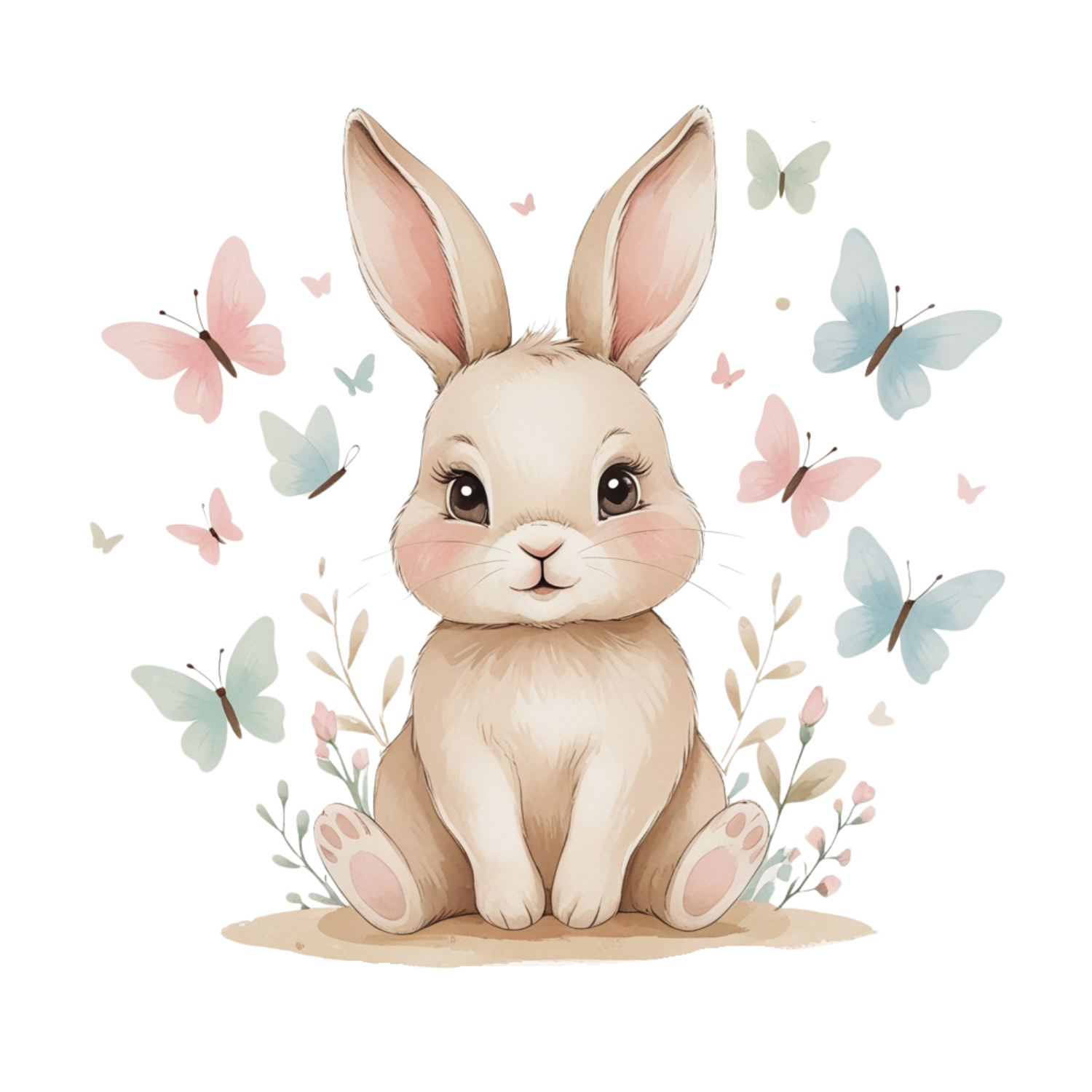 Watercolor Bunny with Butterflies
