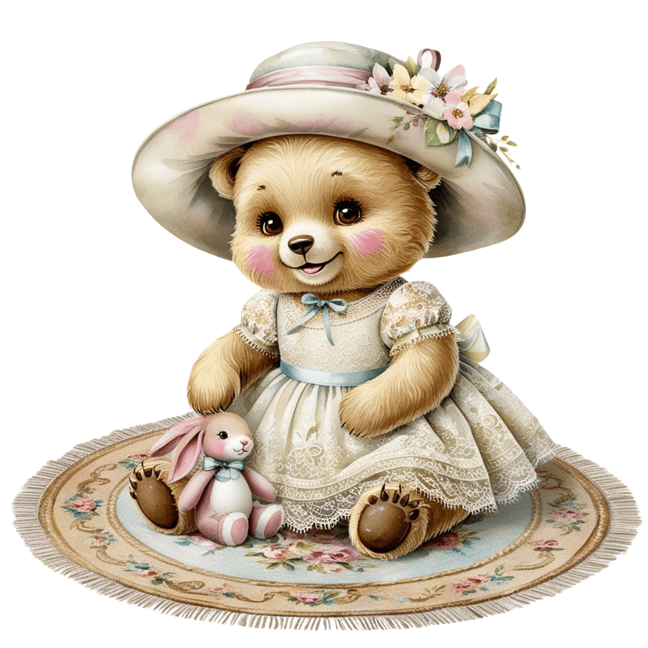 Free Vintage Teddy Bear Girl on Floral Rug with Bunny Clipart