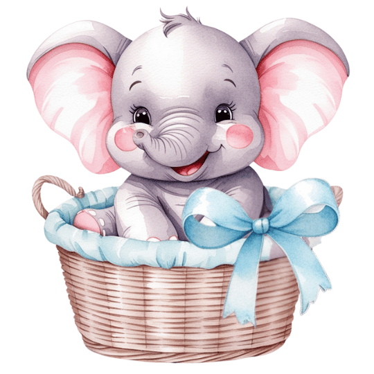 Free Watercolor Baby Elephant in Wicker Basket Clipart