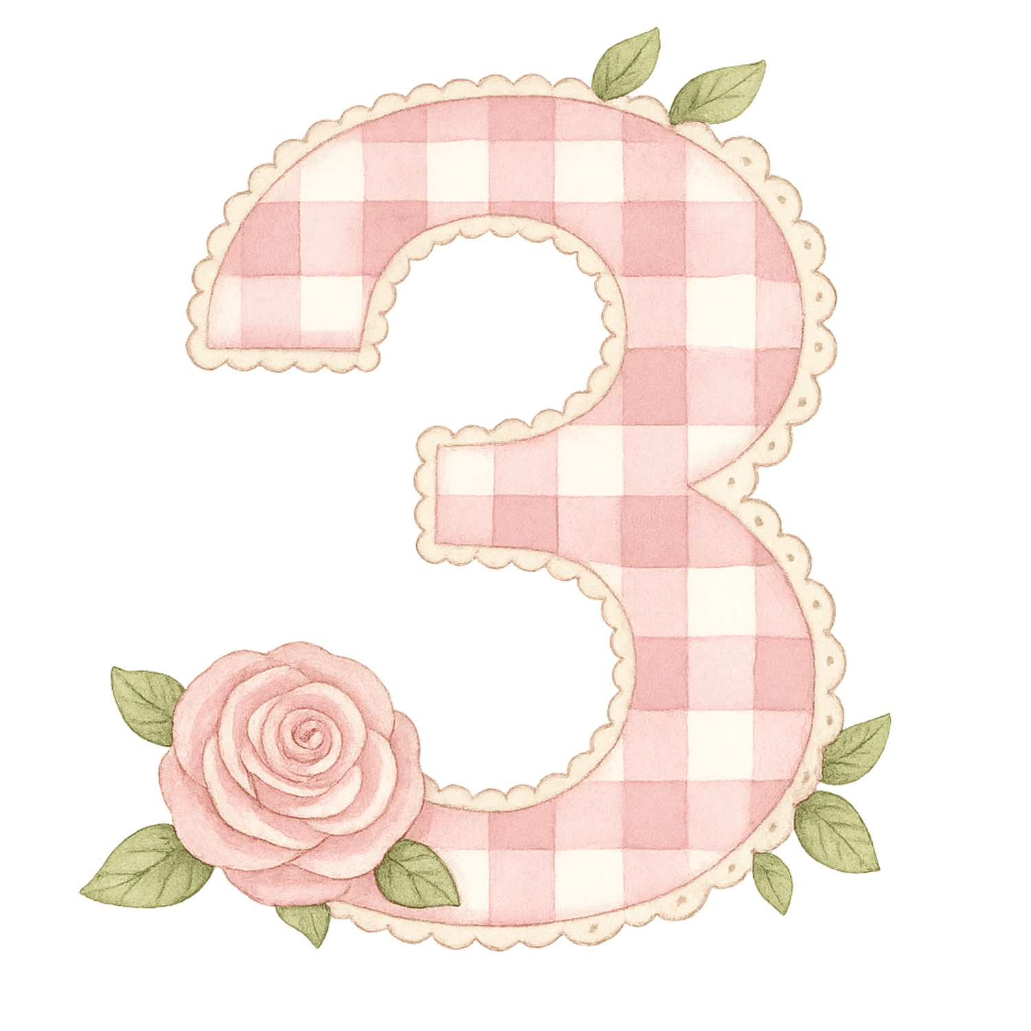 Free Pink Gingham Number 3 Clipart with Roses (PNG, 300 DPI)