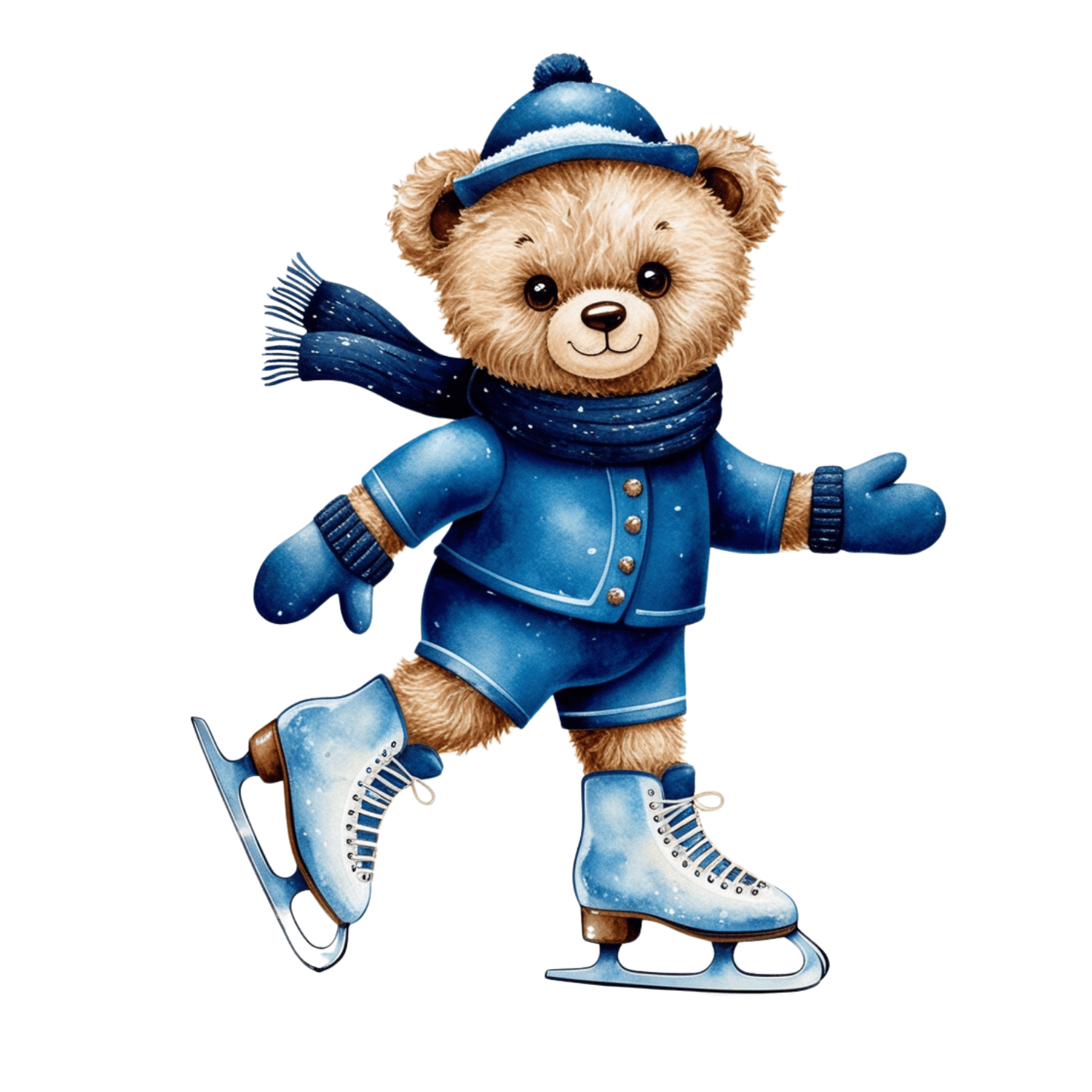 Teddy Bear Ice Skating Clipart – Watercolor (PNG, 300 DPI)