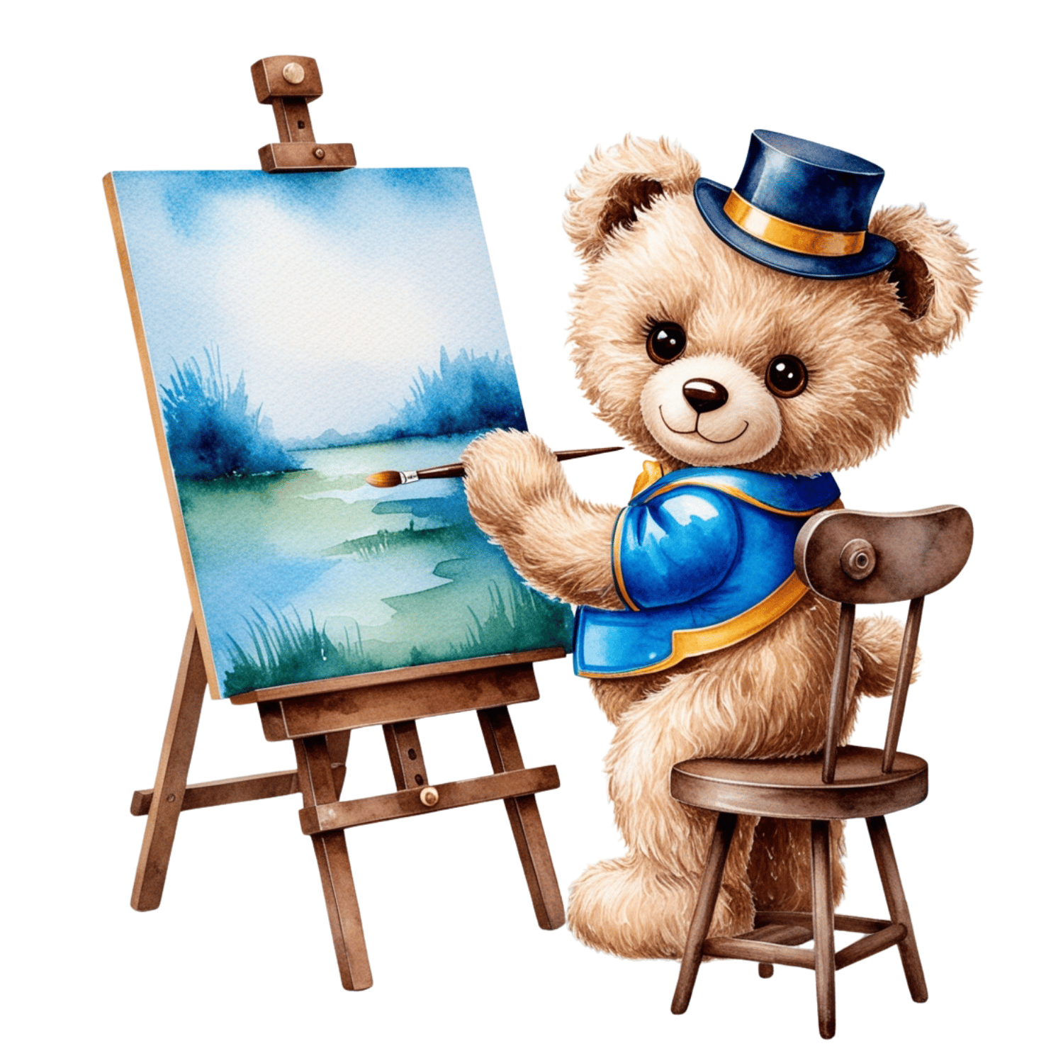 Teddy Bear Painter – Watercolor Clipart (PNG, 300 DPI)