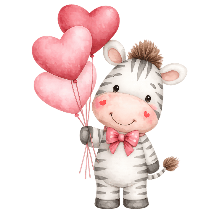 Free Watercolor Valentine Zebra with Heart Balloons Clipart