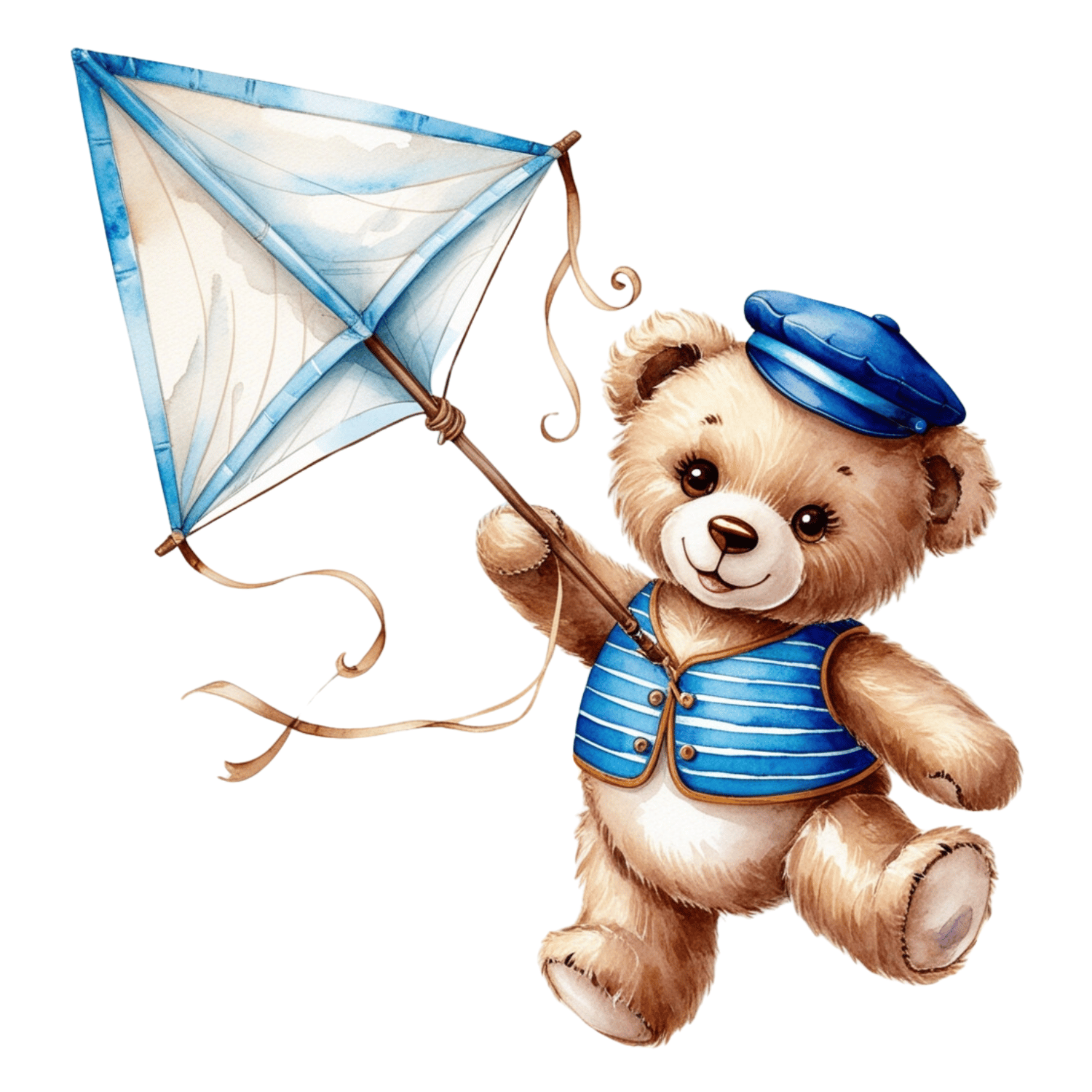Bear Flying a Blue Kite – Watercolor Clipart (PNG, 300 DPI)