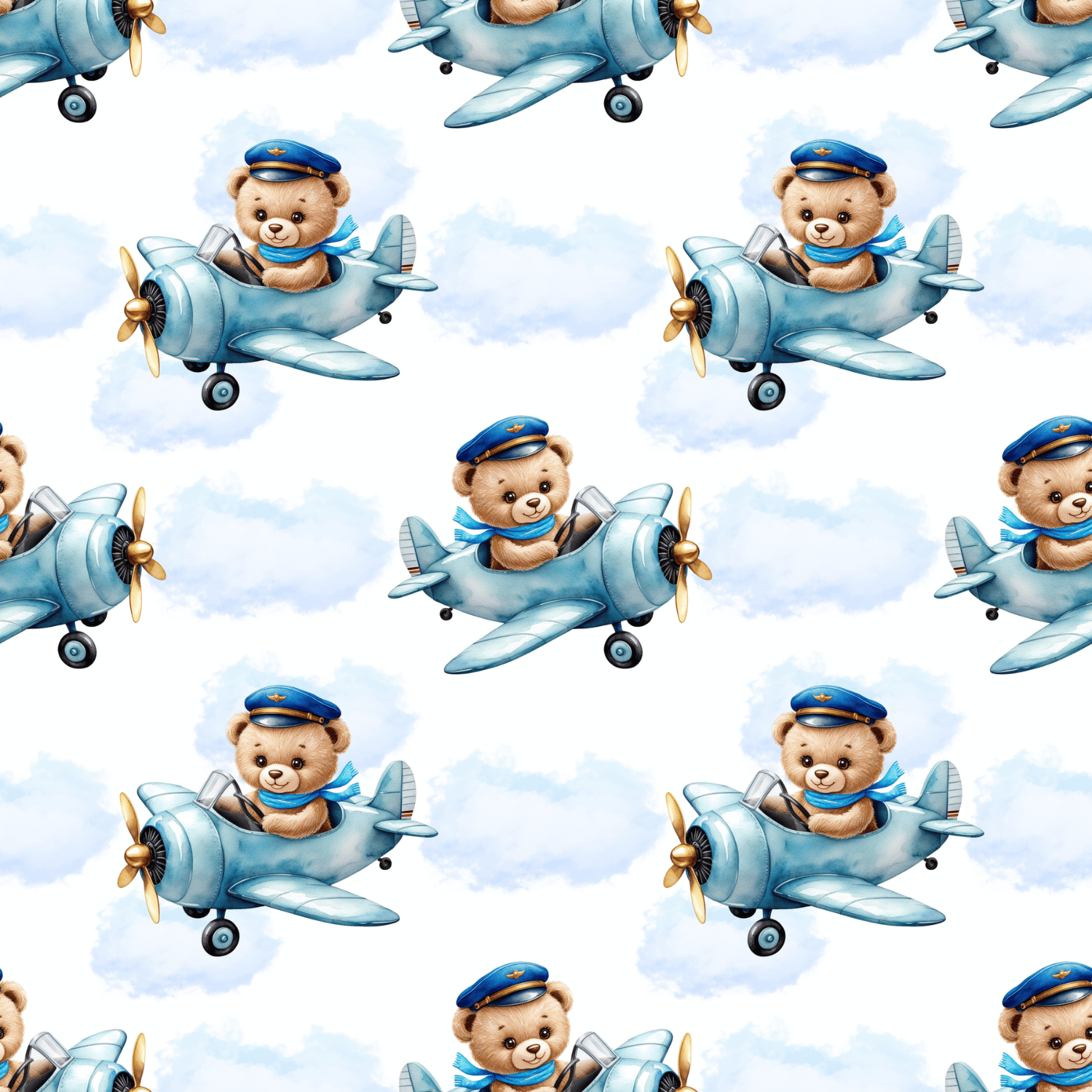 Seamless pattern Bear Pilot in a blue airplane FREE (PNG & JPG, 300 DPI)