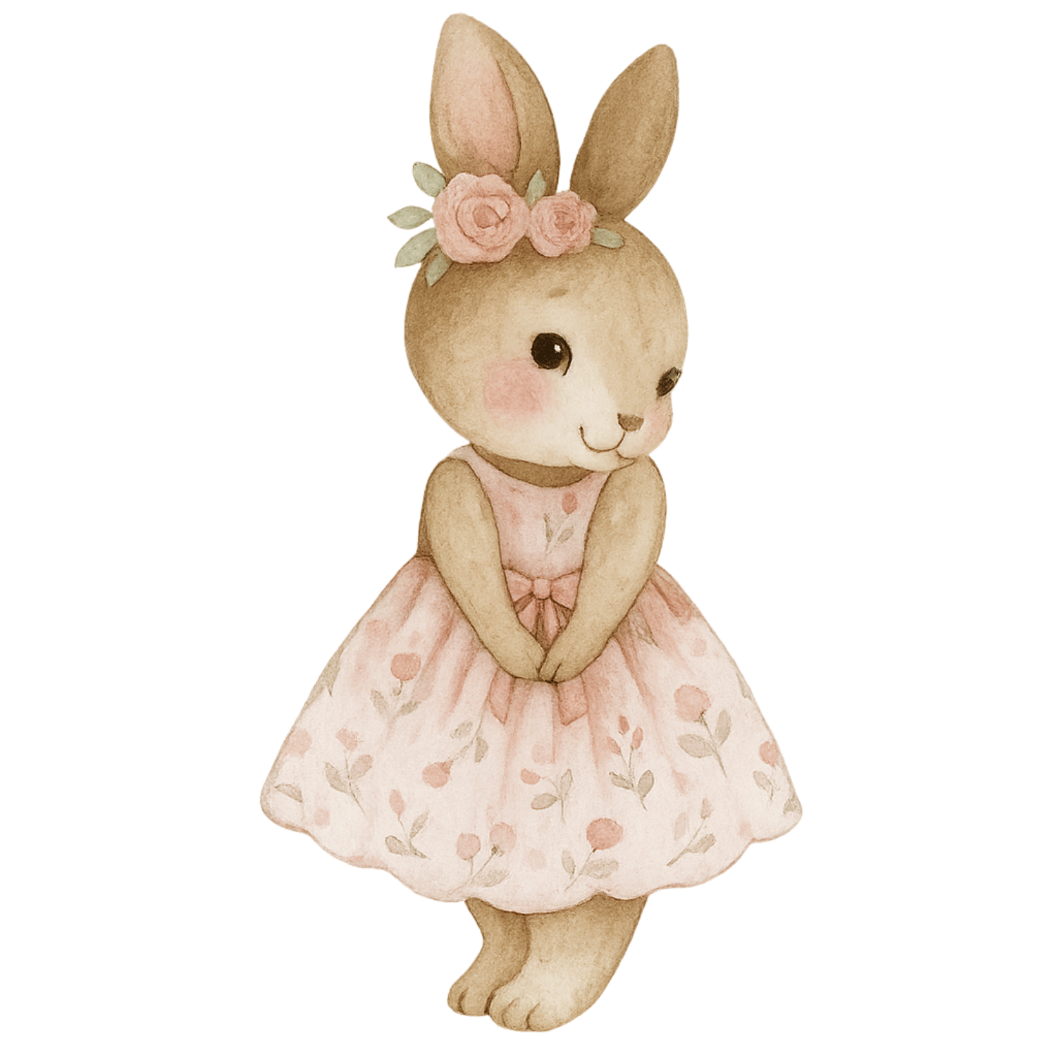 Free Watercolor Bunny Girl Clipart in Pink Floral Dress (PNG, 300 DPI)