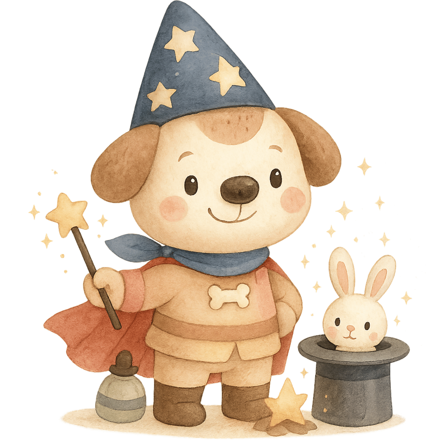 Free Cute Magician Puppy Clipart with Wand & Top Hat (PNG, 300 DPI)