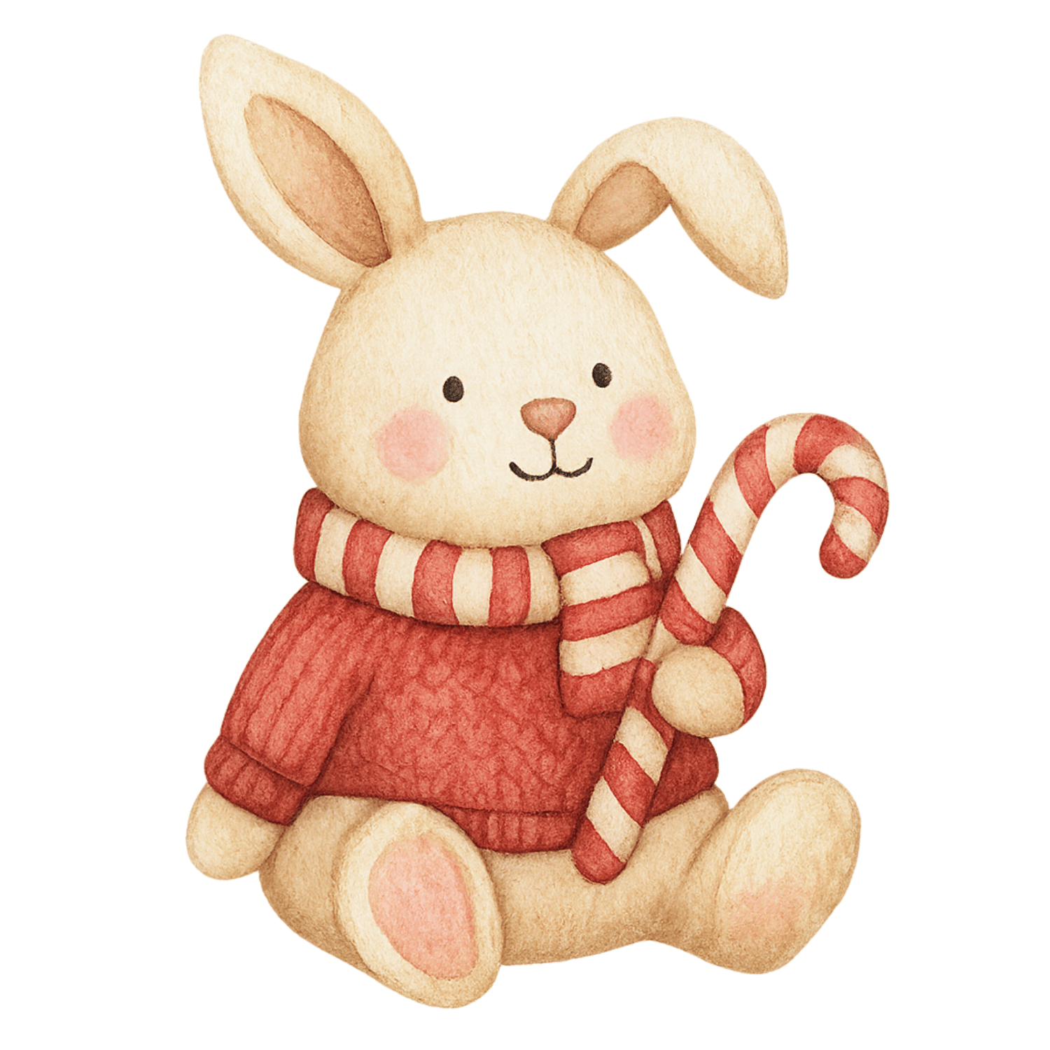 Free Watercolor Bunny with Candy Cane Clipart (PNG, 300 DPI)
