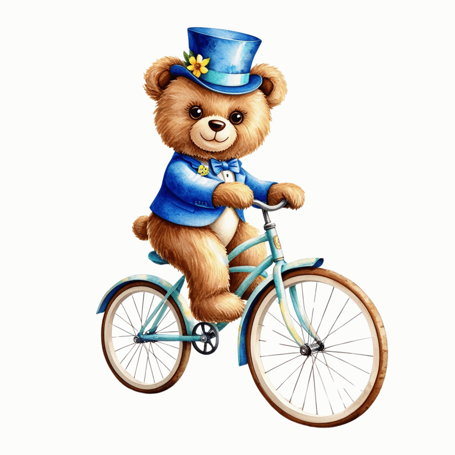 Dapper Bear on Bicycle – Watercolor Clipart (PNG, 300 DPI)