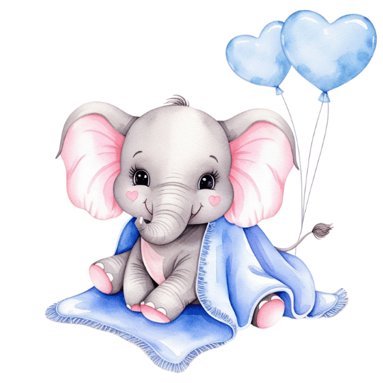 Free Watercolor Baby Elephant Clipart with Blue Blanket & Heart Balloons