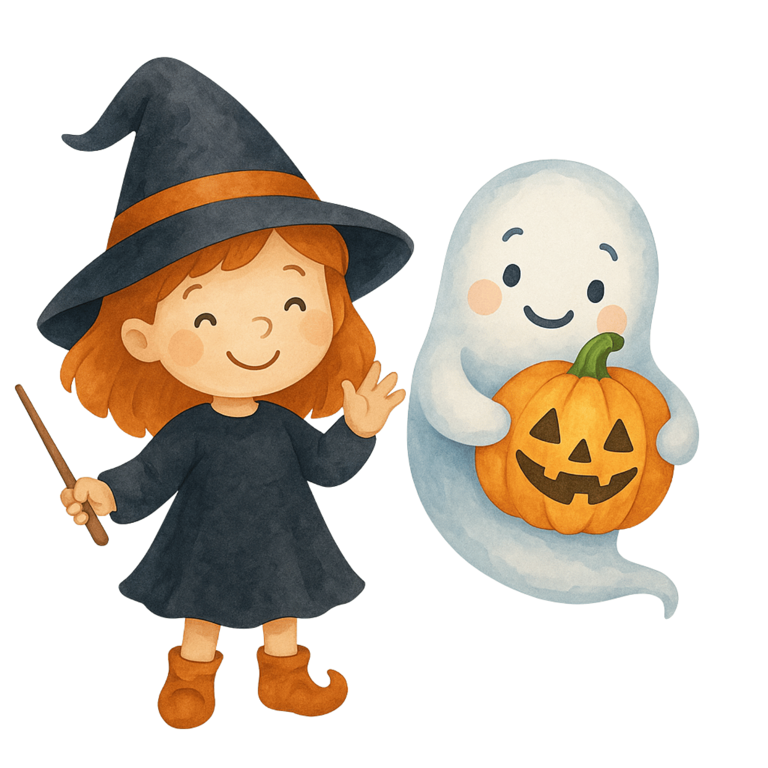 Free Cute Witch and Ghost Halloween Clipart (PNG, 300 DPI)