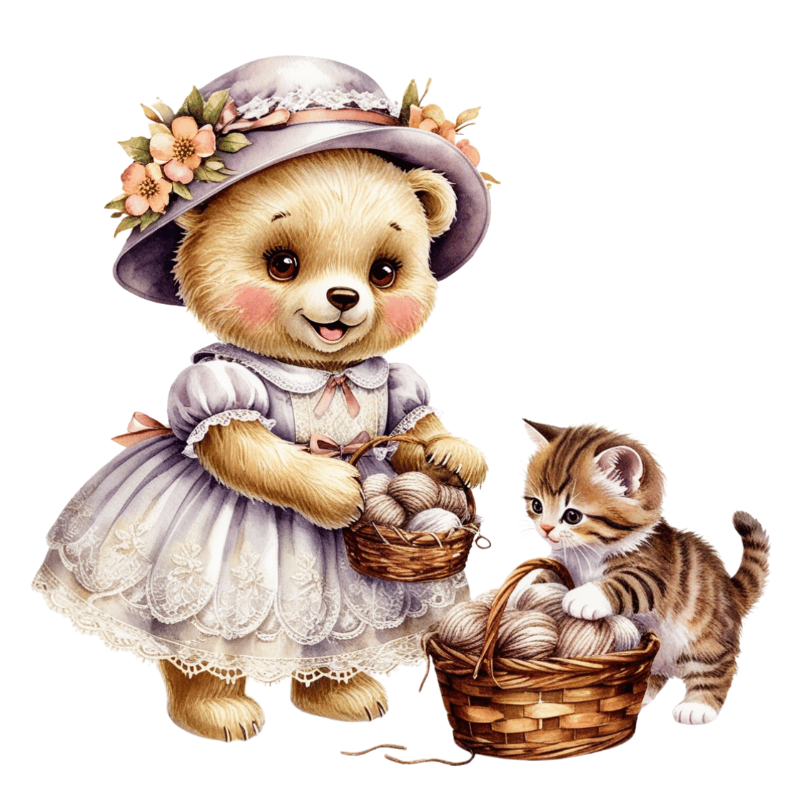 Free Vintage Teddy Bear Girl with Kitten & Yarn Clipart