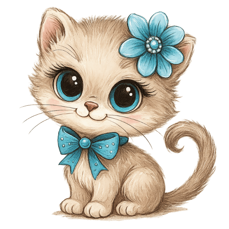 Free Cute Kitten Clipart with Blue Bow and Flower