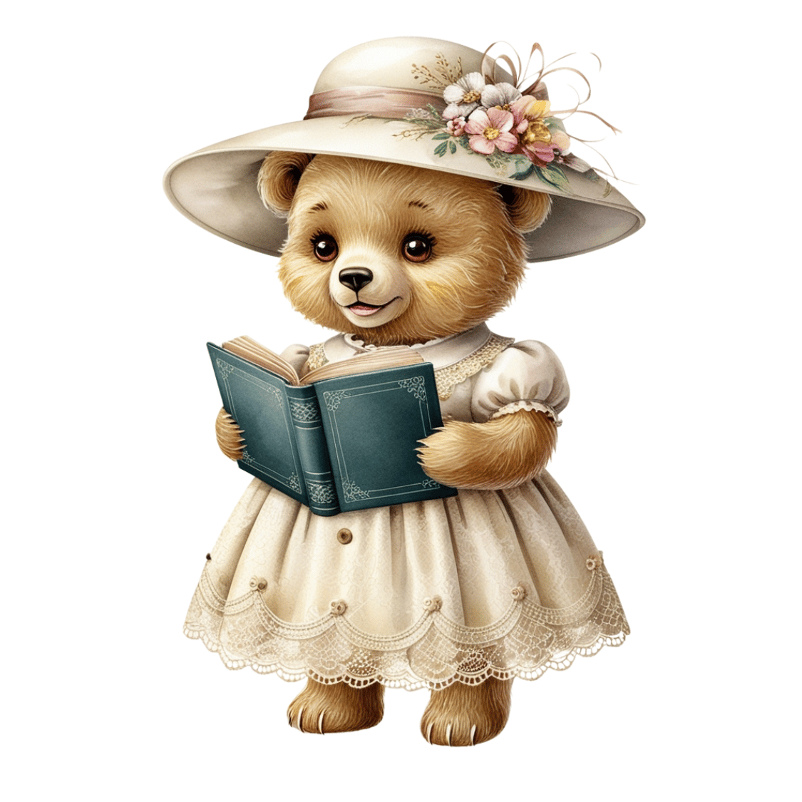 Free Vintage Teddy Bear Girl Reading Book Clipart