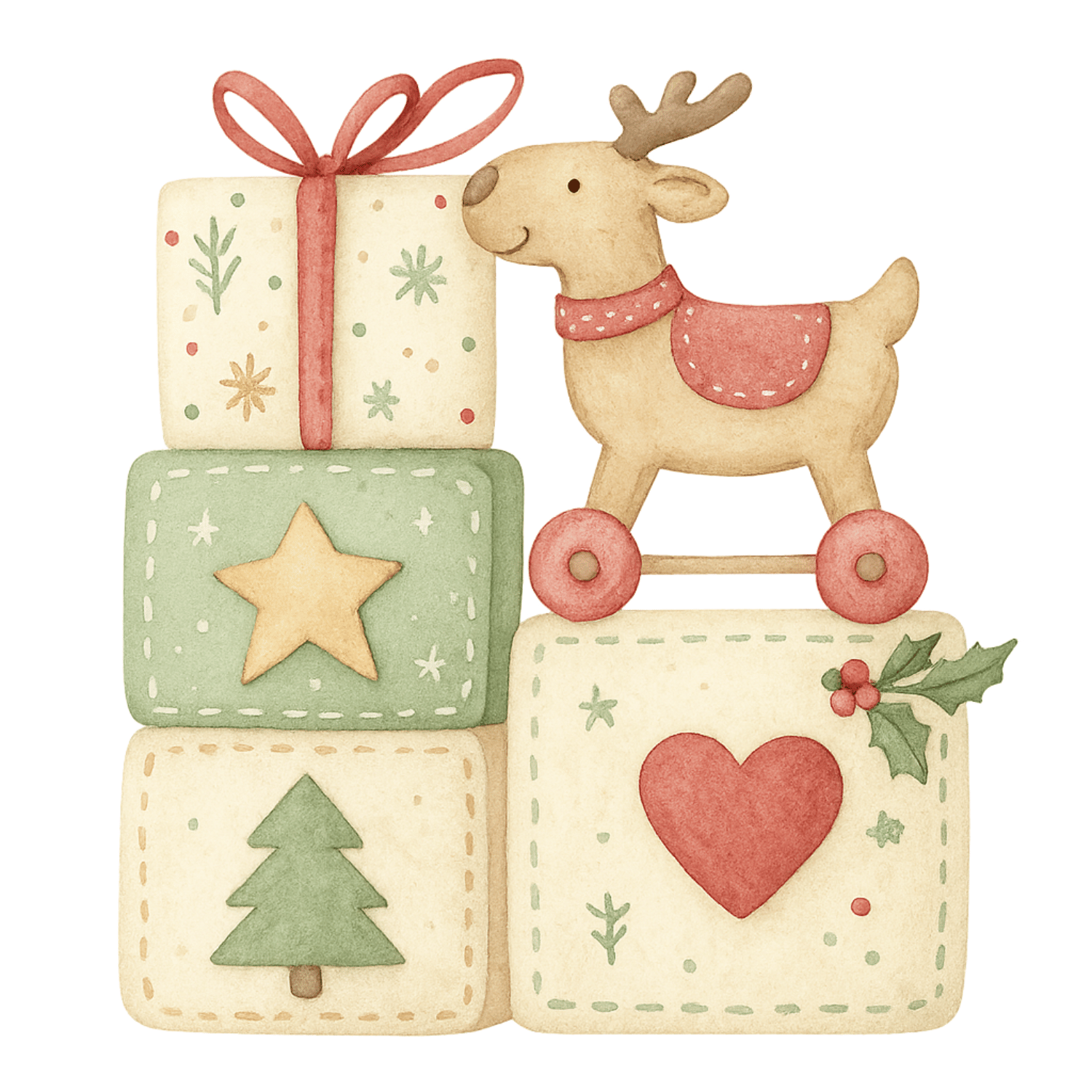 Free Watercolor Reindeer Pull Toy with Stacked Christmas Blocks Clipart (PNG, 300 DPI)