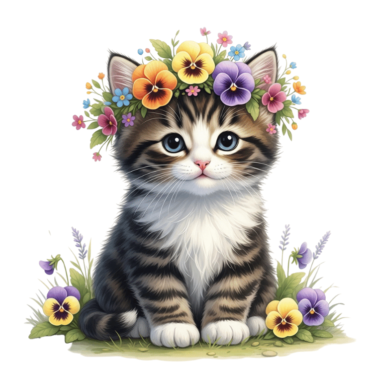 Free Watercolor Kitten with Flower Crown Clipart
