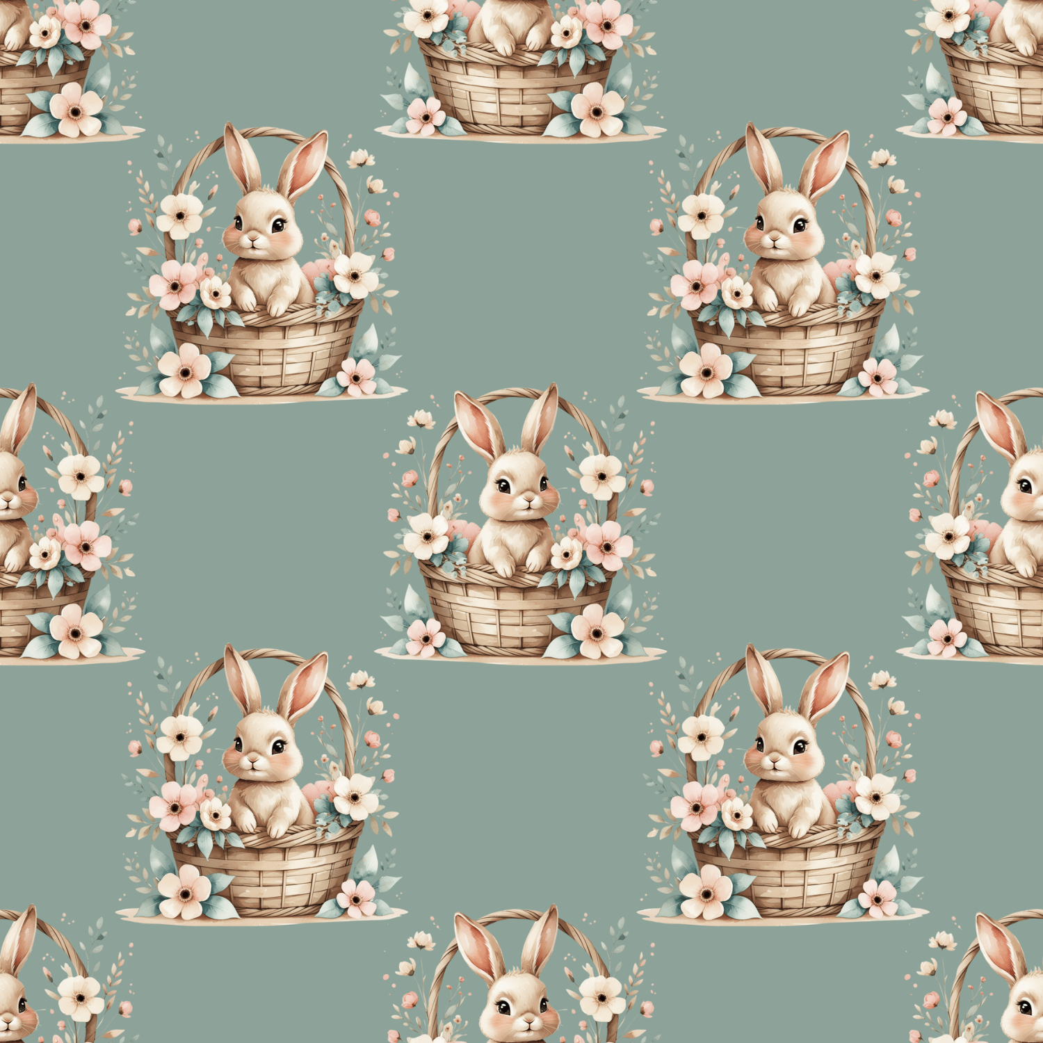 FREE Watercolor Bunny in Floral Basket Seamless Pattern