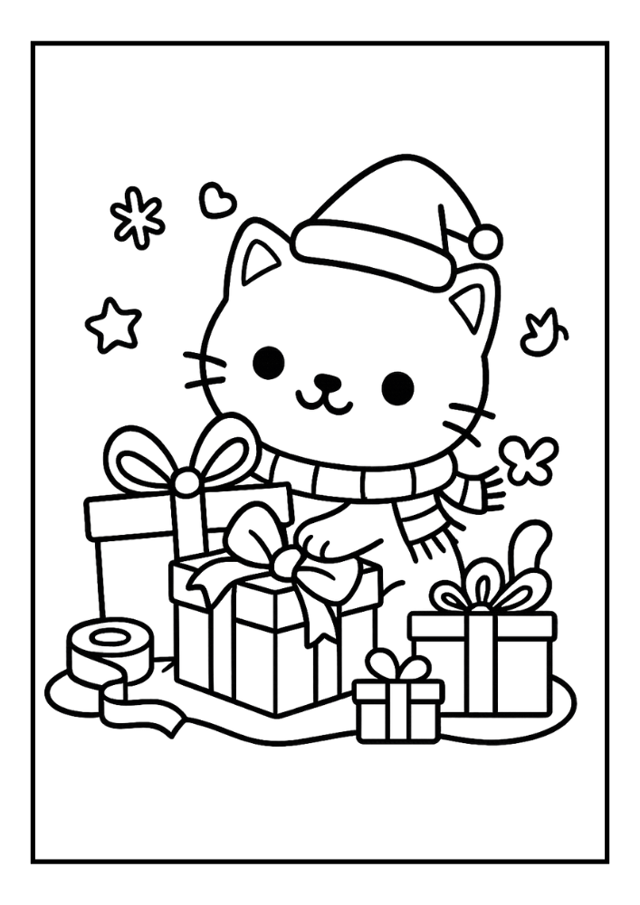 Free Cute Christmas Cat Coloring Pages Set