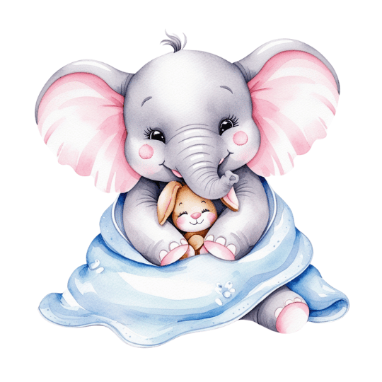 Free Watercolor Baby Elephant Hugging Bunny Clipart