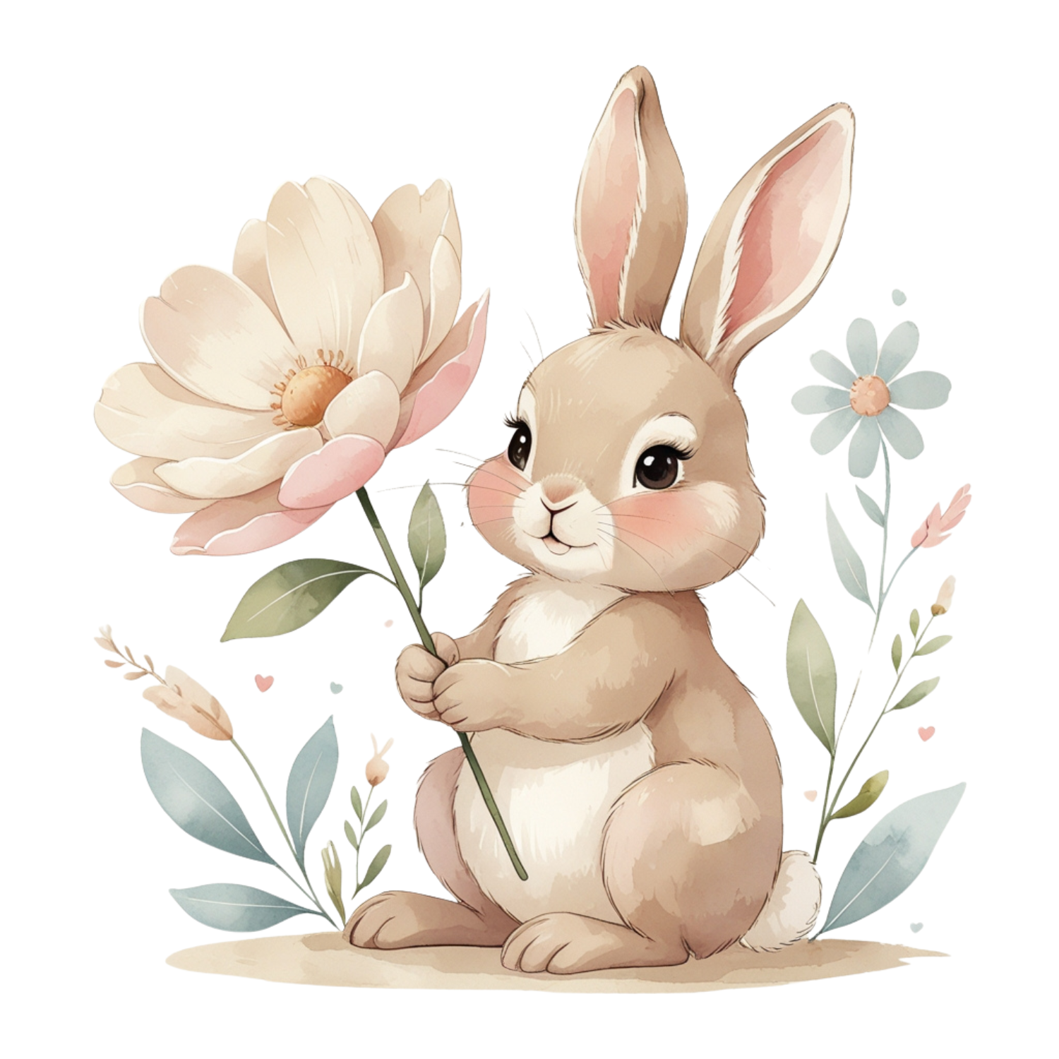 Watercolor Bunny with Flower