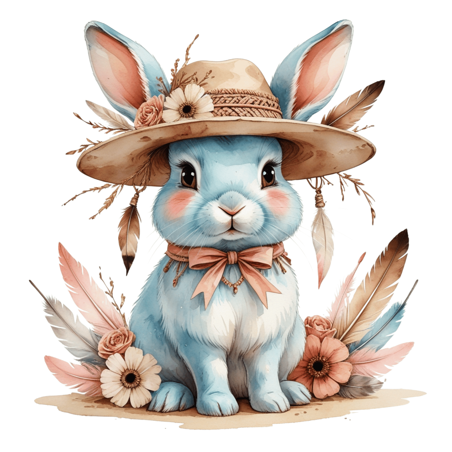 Free Boho Blue Bunny with Floral Hat Clipart (PNG, 300 DPI)
