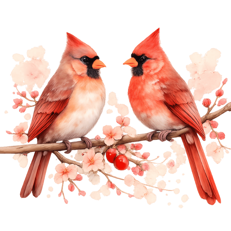 Free Watercolor Cardinal Love Birds Clipart with Cherry Blossoms