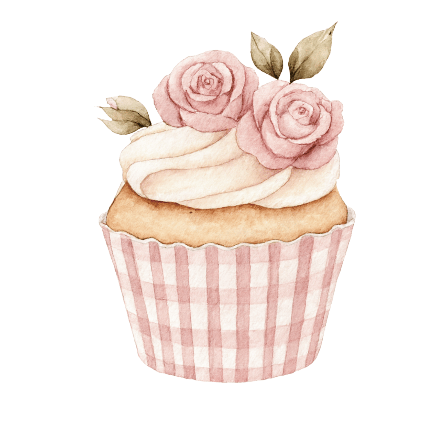 Free Pink Gingham Cupcake Clipart with Roses (PNG, 300 DPI)