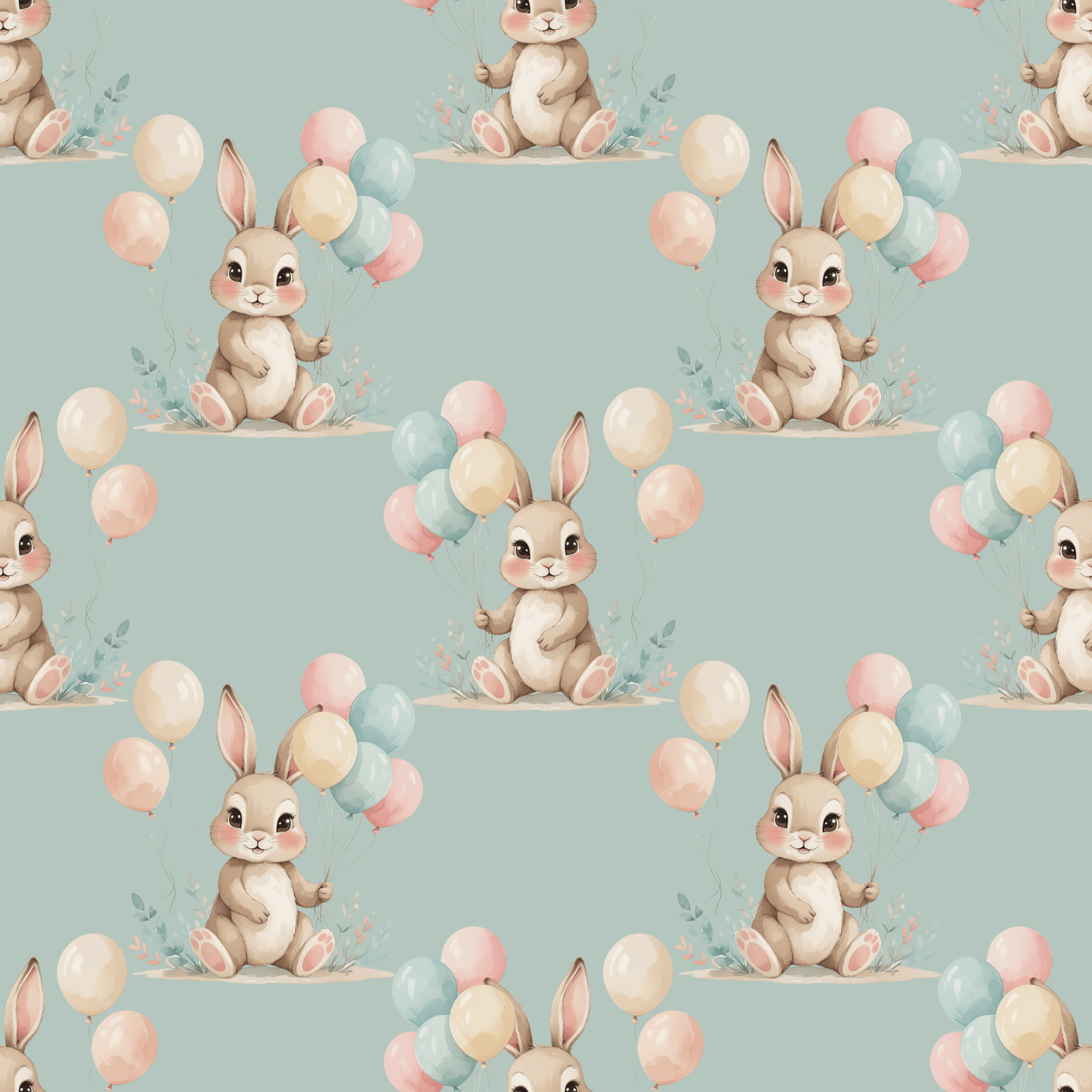 Free Watercolor Bunny with Pastel Balloons Seamless Pattern