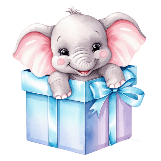 Free Watercolor Baby Elephant in Gift Box Clipart