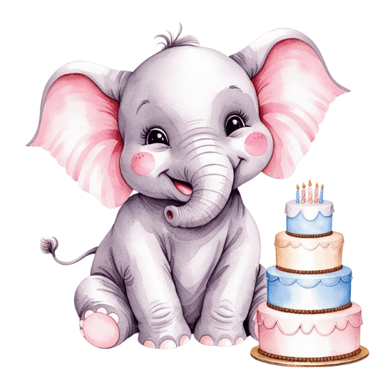 Free Watercolor Baby Elephant with Birthday Cake Clipart