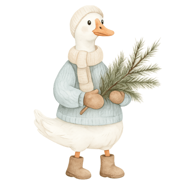 Free Cute Winter Goose Holding Pine Branch Clipart