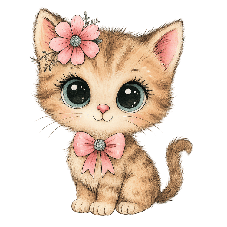 Free Cute Kitten Clipart with Pink Bow and Flower