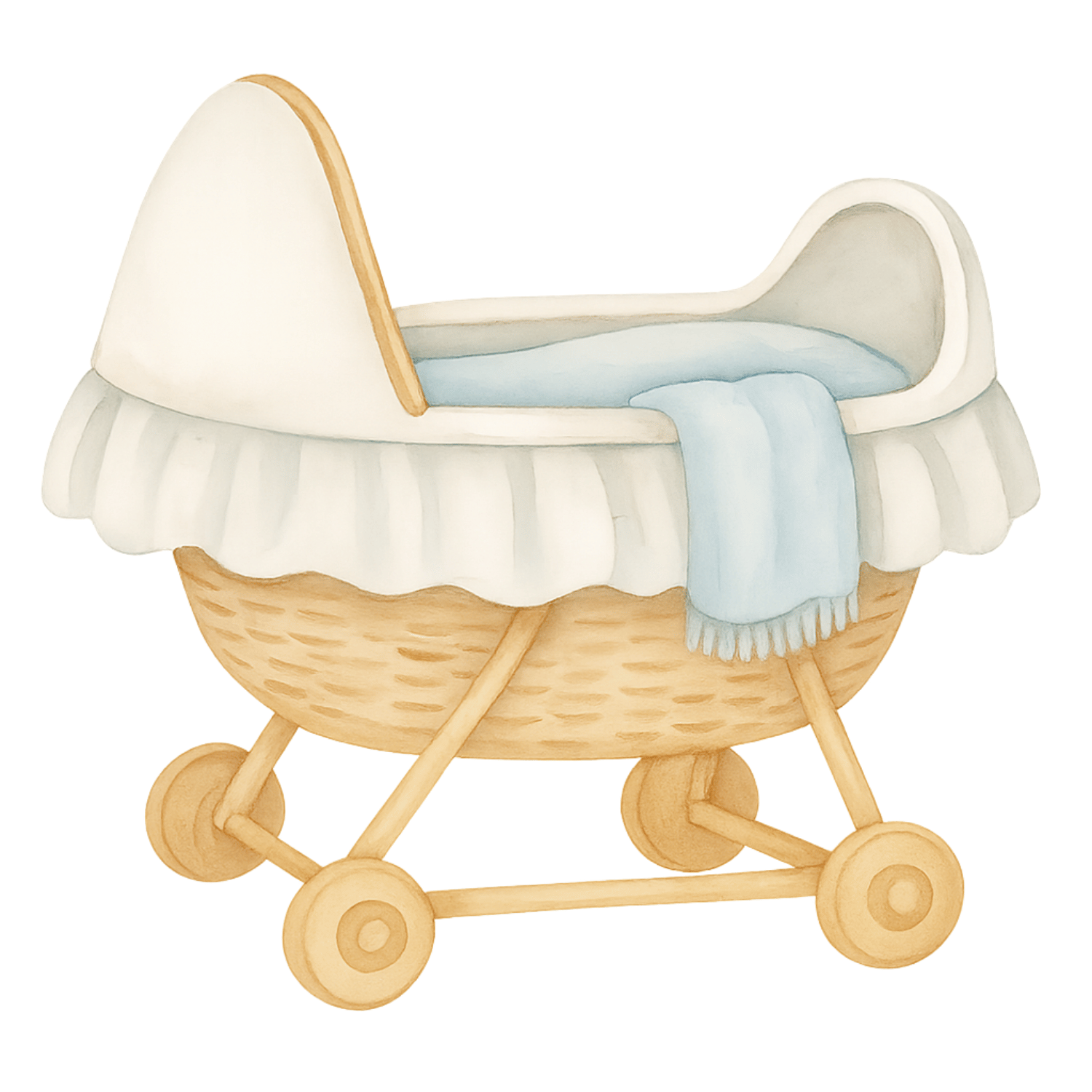 Free Watercolor Baby Bassinet Clipart – Wicker Pram with Blue Blanket