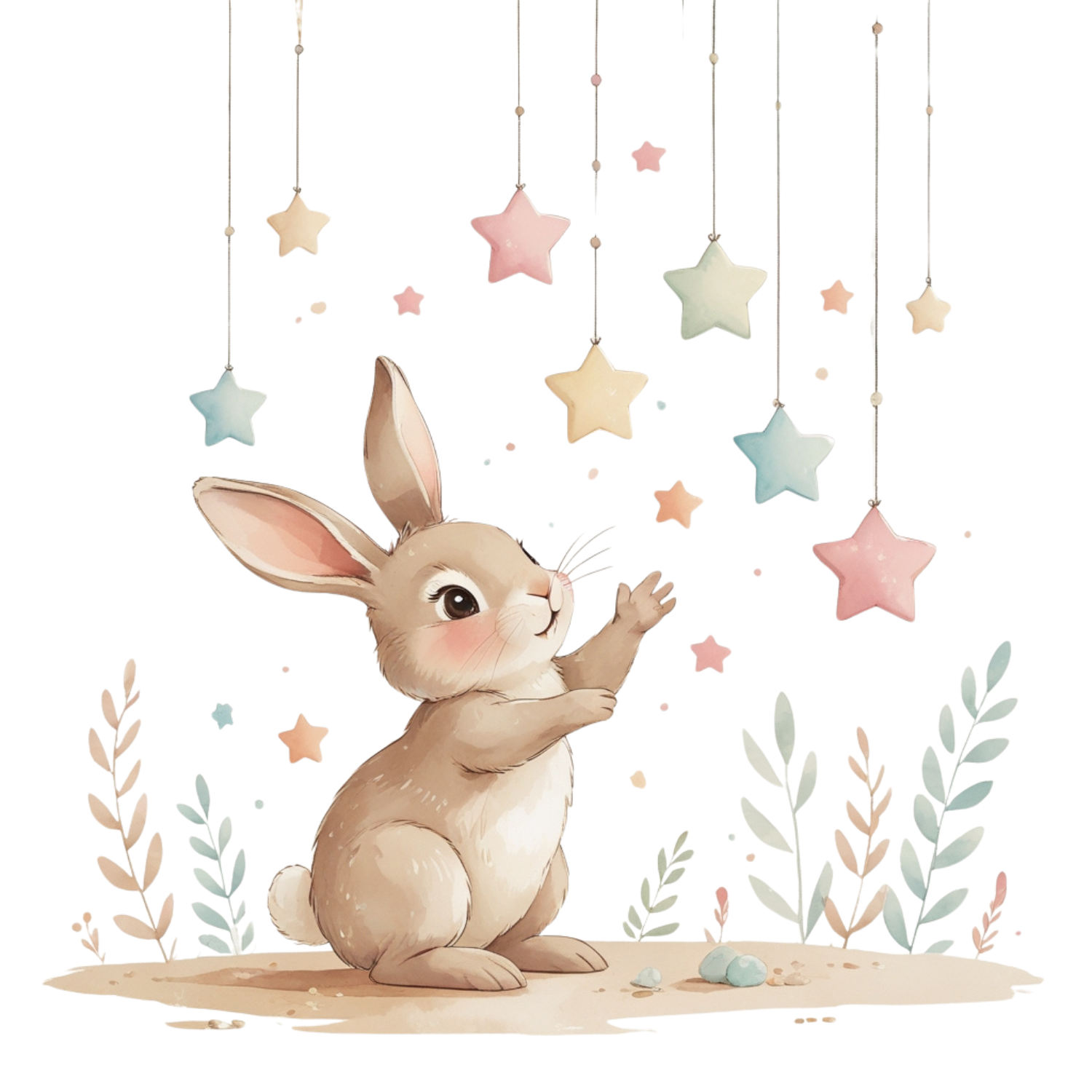 Watercolor Bunny Playing with Stars