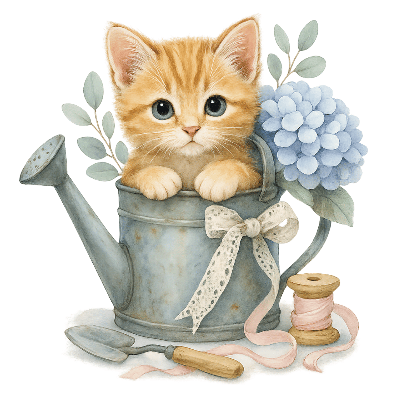 Free Watercolor Ginger Kitten in Garden Watering Can Clipart (PNG, 300 DPI)