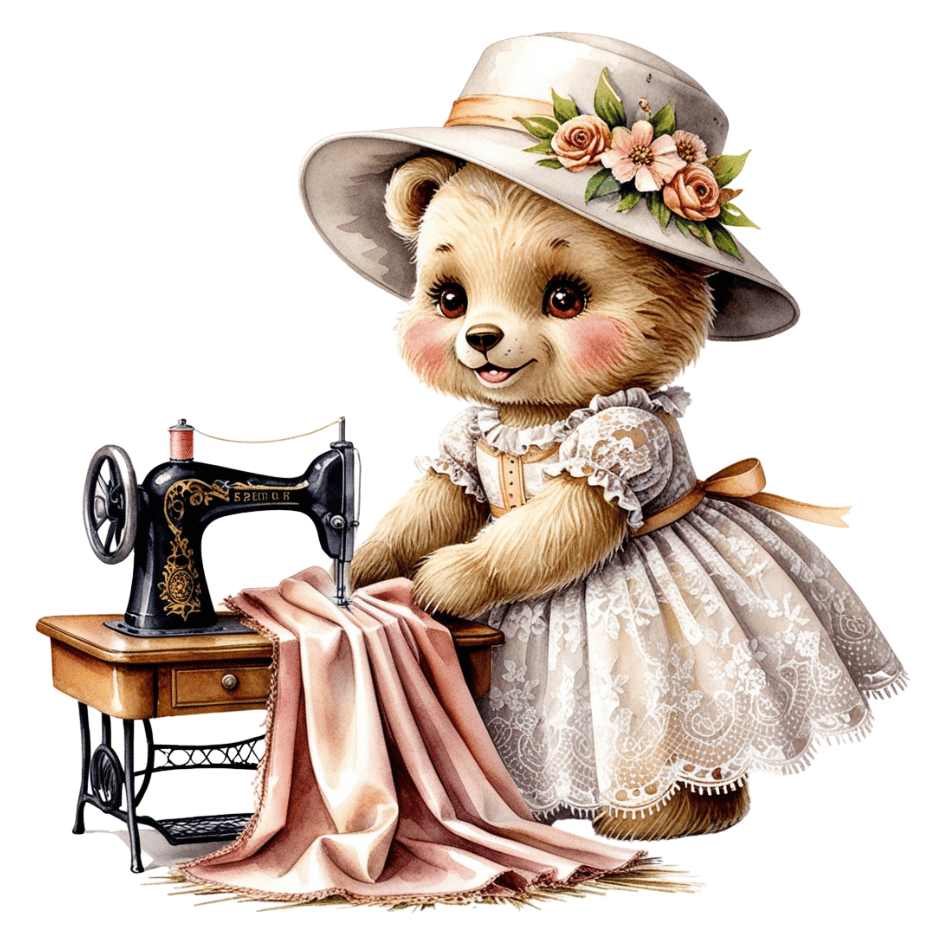 Free Vintage Teddy Bear Girl Sewing Clipart