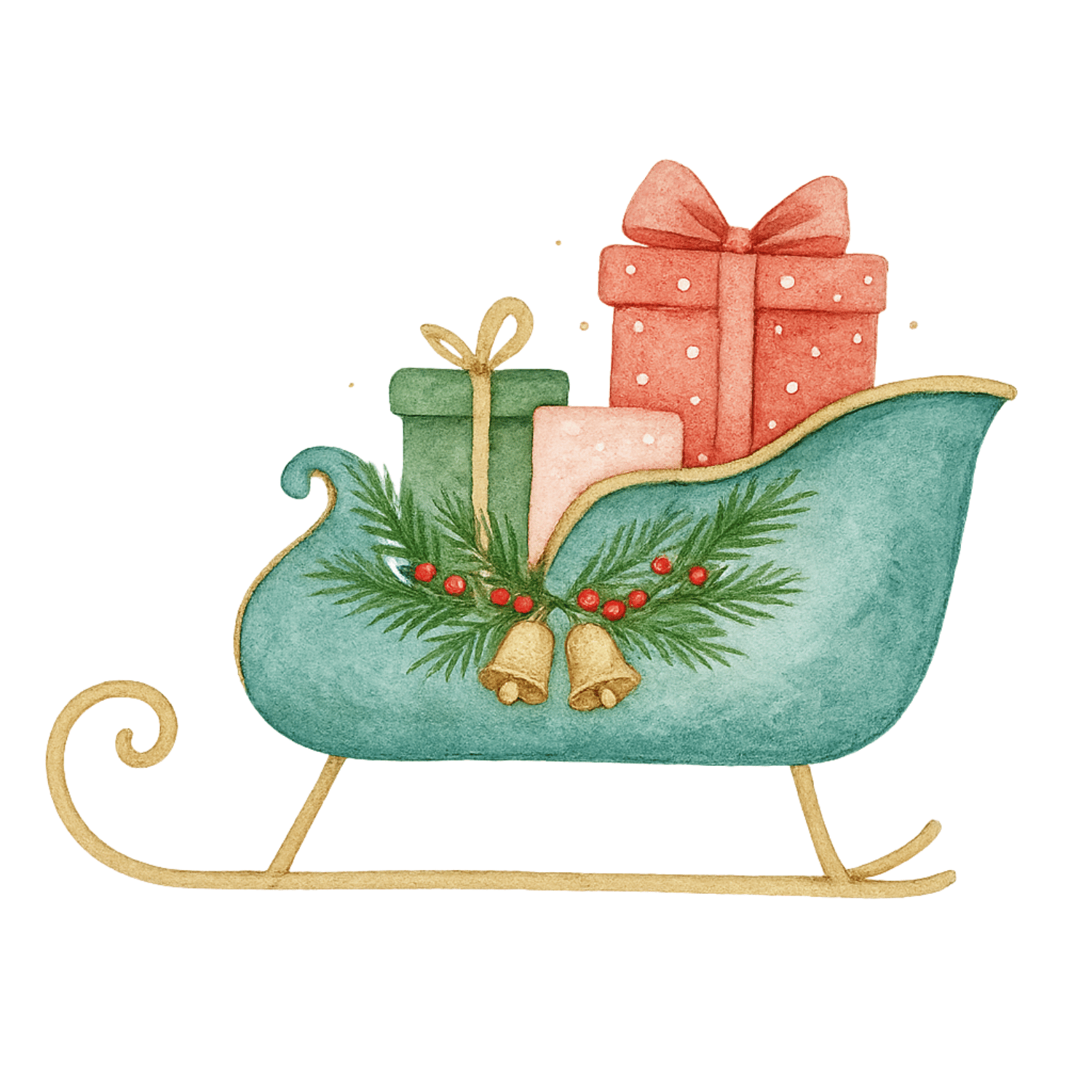 Free Watercolor Christmas Sleigh Clipart (PNG, 300 DPI)