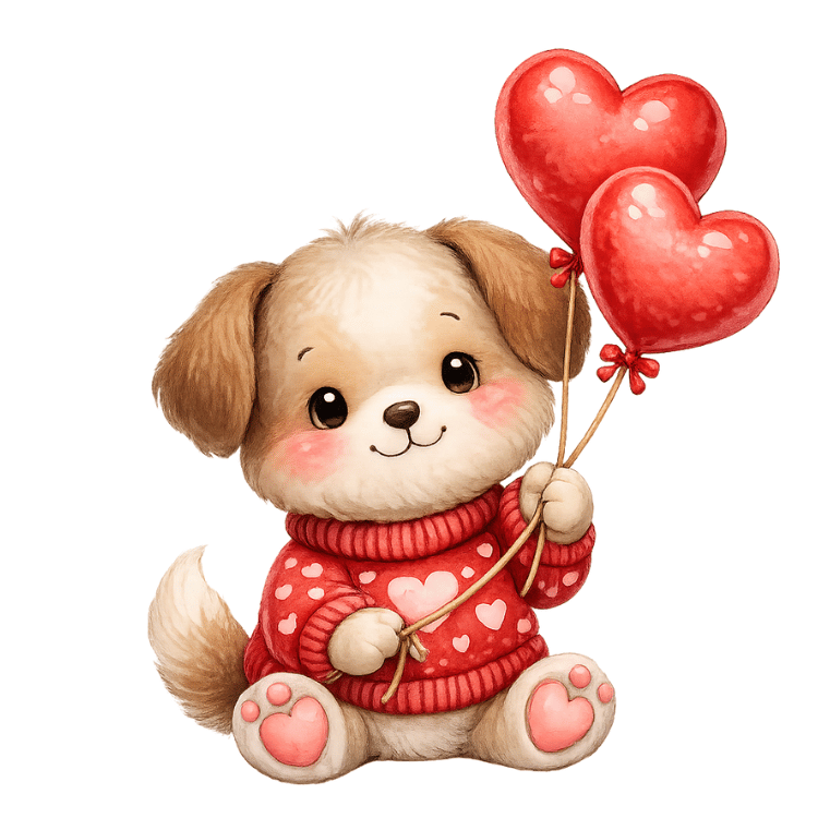 Free Watercolor Valentine Puppy with Heart Balloons Clipart
