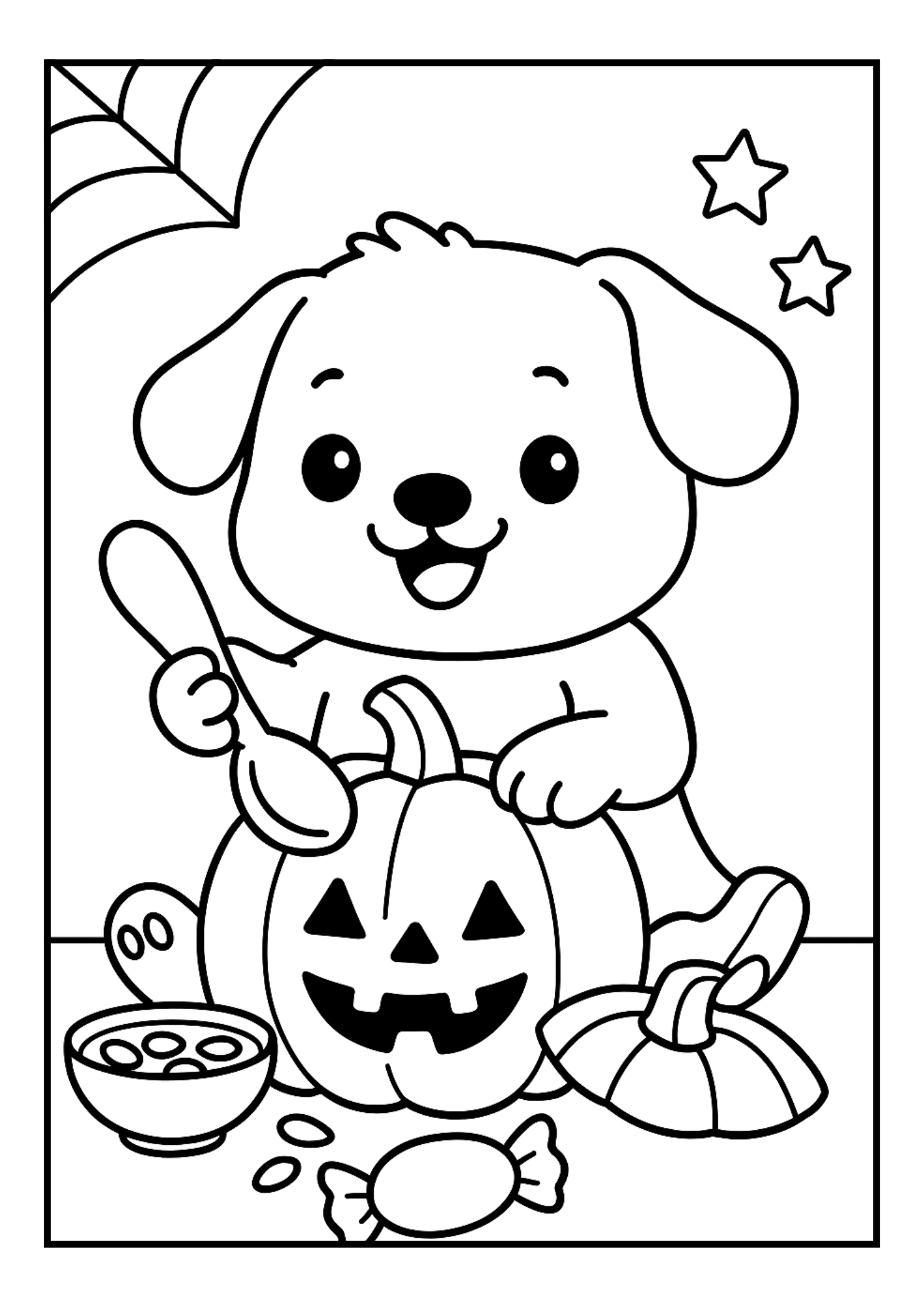 Free Halloween Puppy Coloring Pages – Cute Dog with Pumpkins (PDF, 300 DPI)