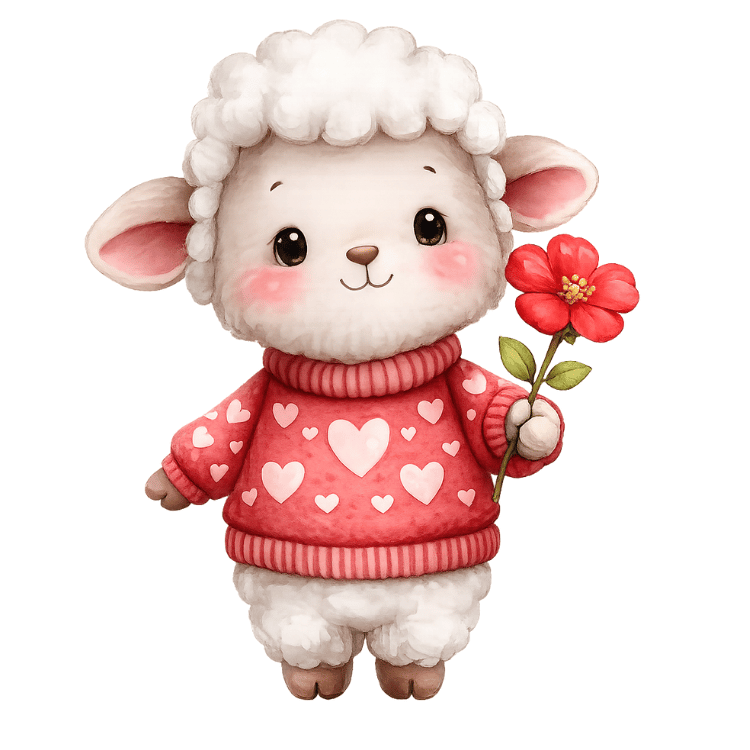 Free Watercolor Valentine Lamb with Flower Clipart