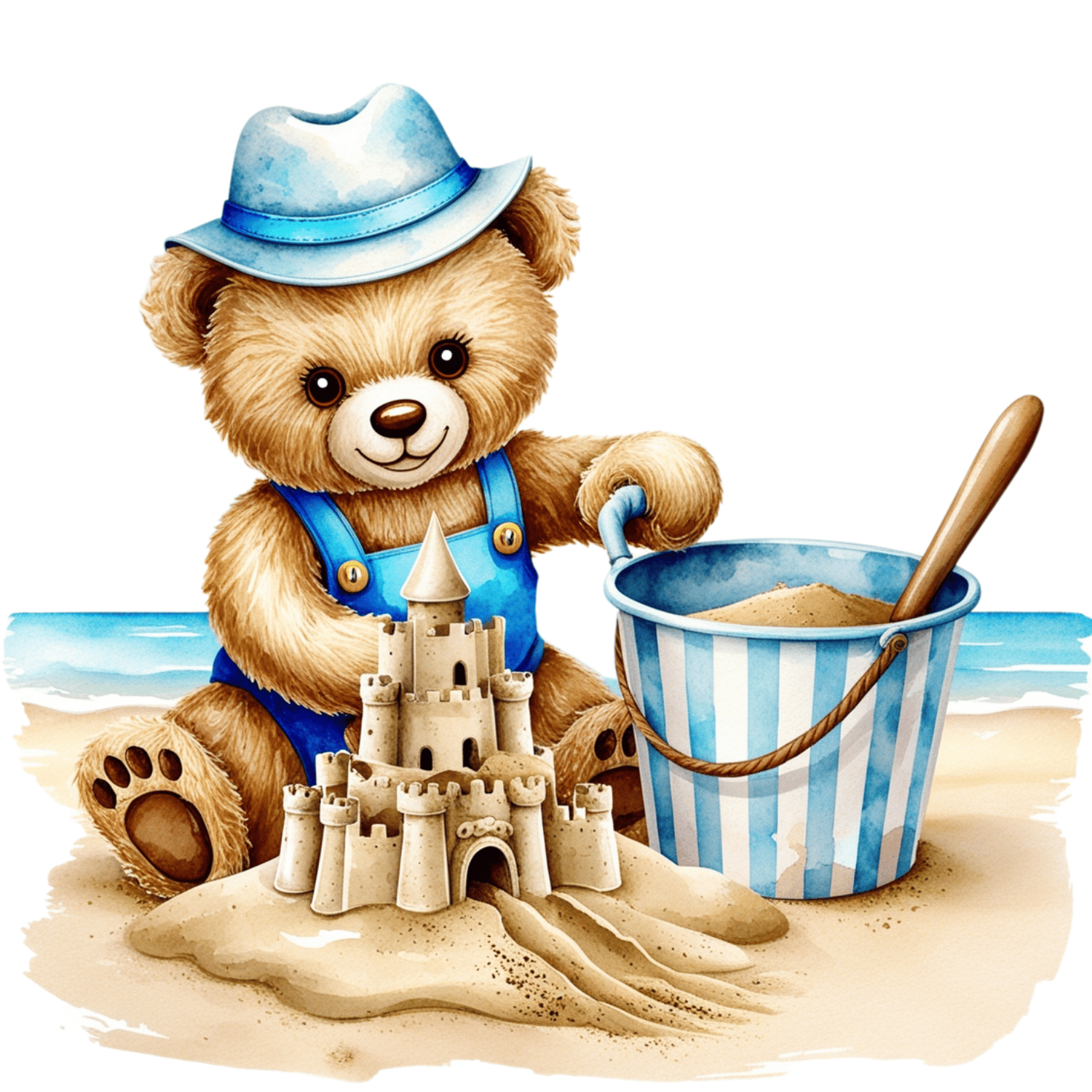 Teddy Bear Building a Sandcastle – Watercolor Clipart (PNG, 300 DPI)